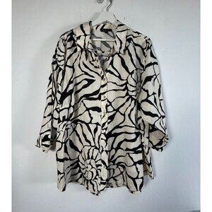 Rachel Zoe Womens White Black Printed Linen Blend Button Down Shirt Plus Size 3X
